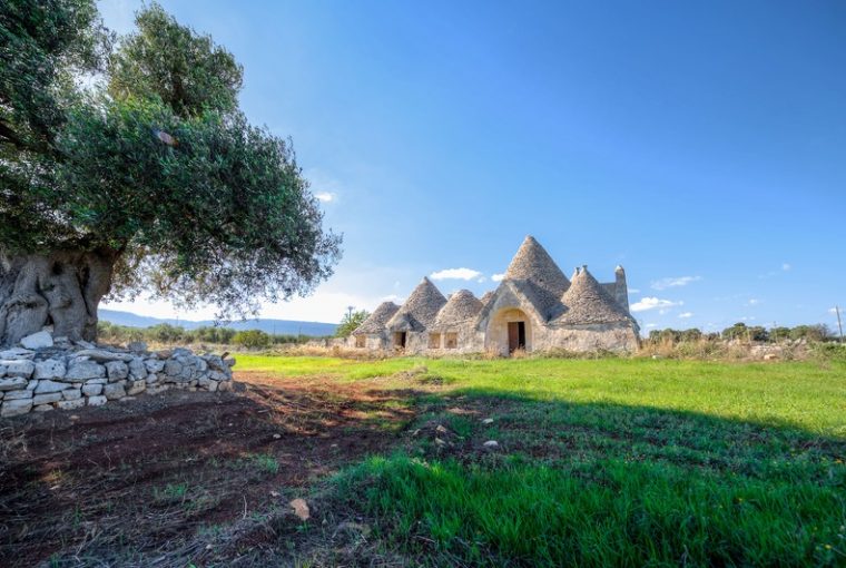 tipico paesaggio della valle d'itria con trullo in mezzo alla campagna